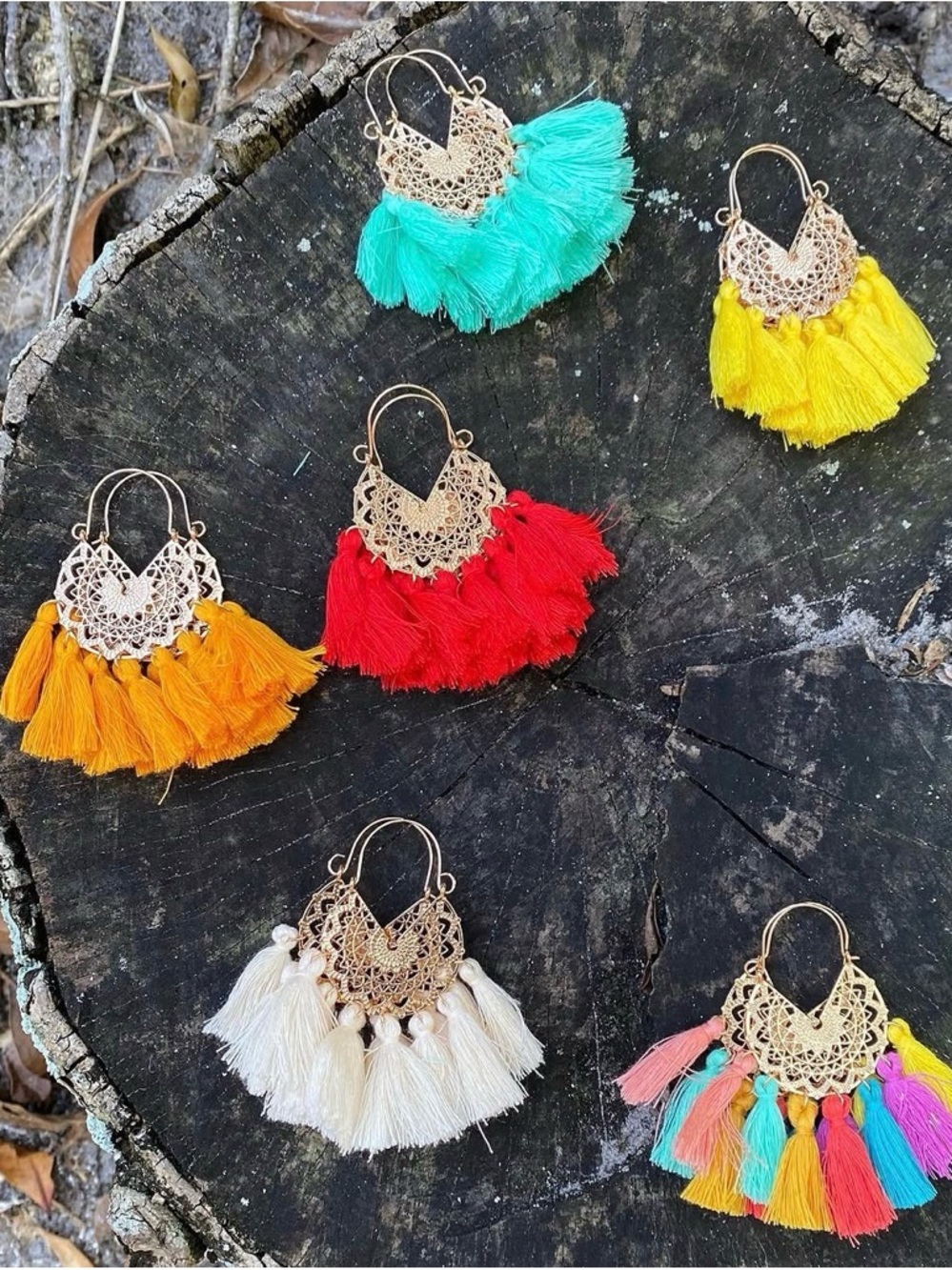 Bohemian Tassel Fan Earrings - Red, Turquoise, Yellow, Orange, Cream, Multicolor